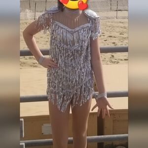 Sparkling Silver Fringe Kids Dance Costume, Only Used For Competion